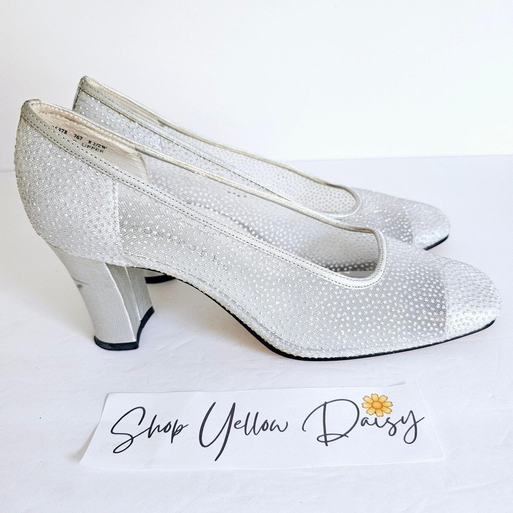 Vintage Apostrophe Coretta Silver Mesh Pumps Glitter Evening Heels 8.5W Wedding